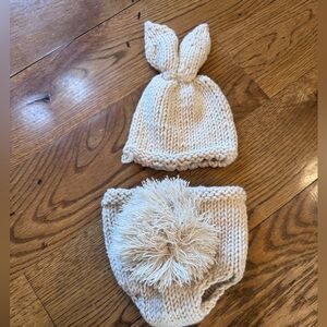Cream Knitted Bunny Hat and Diaper Cover Set